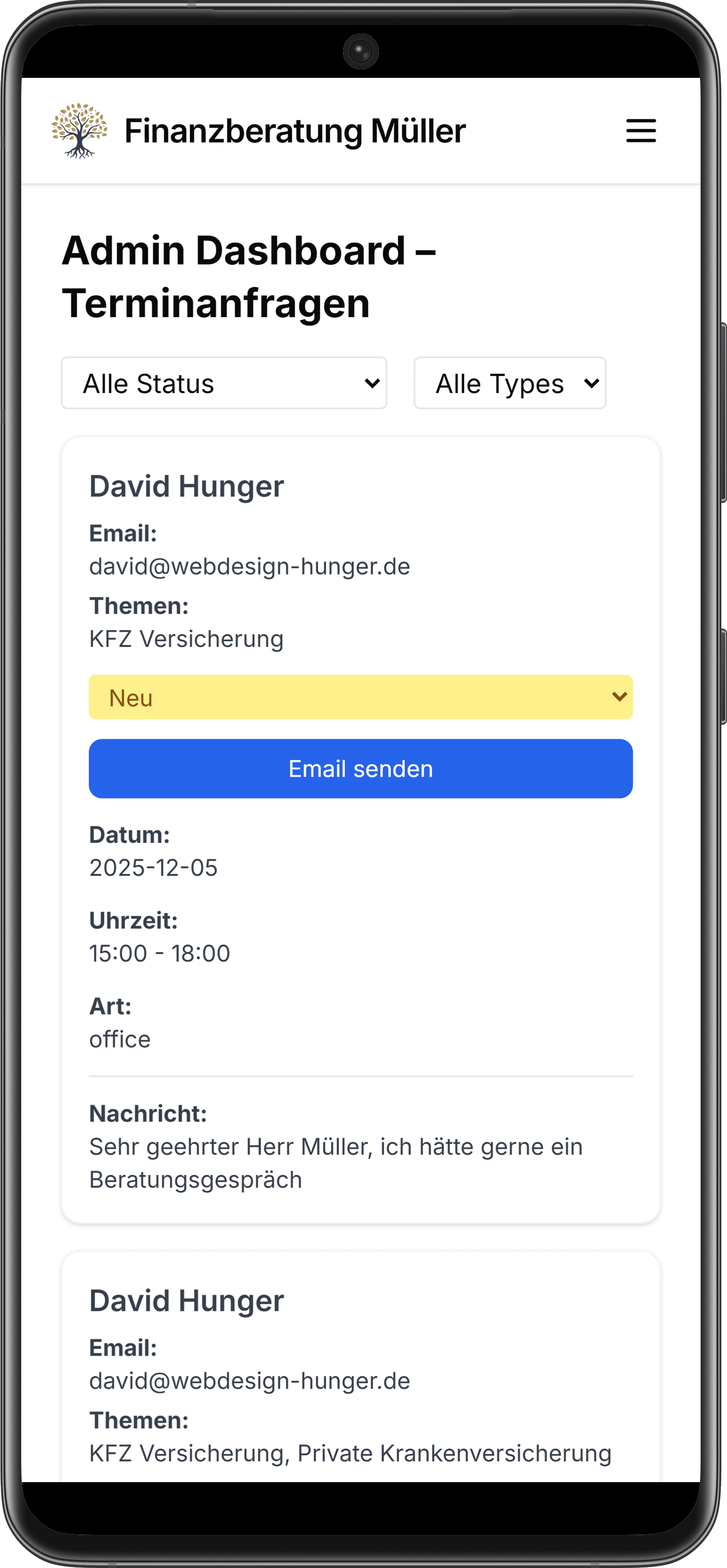 Admin Dashboard für Versicherungsmakler